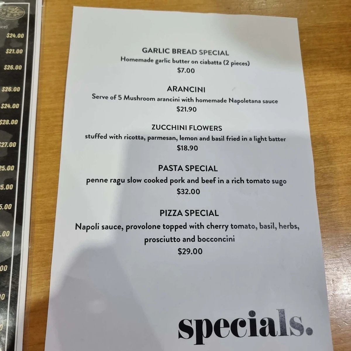 Menu, Fine Food Cucina