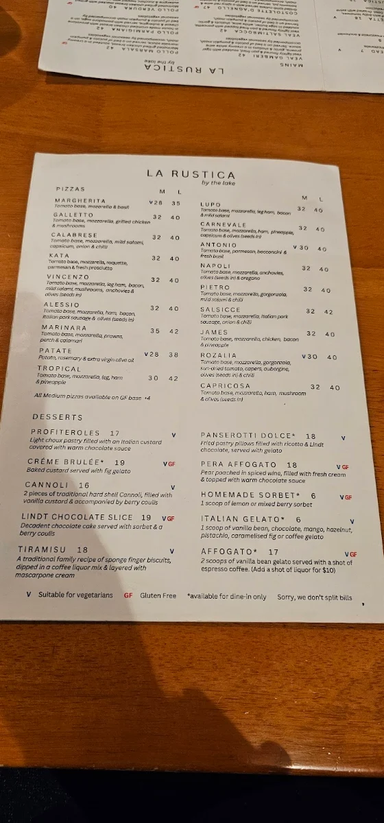 Menu, La Rustica