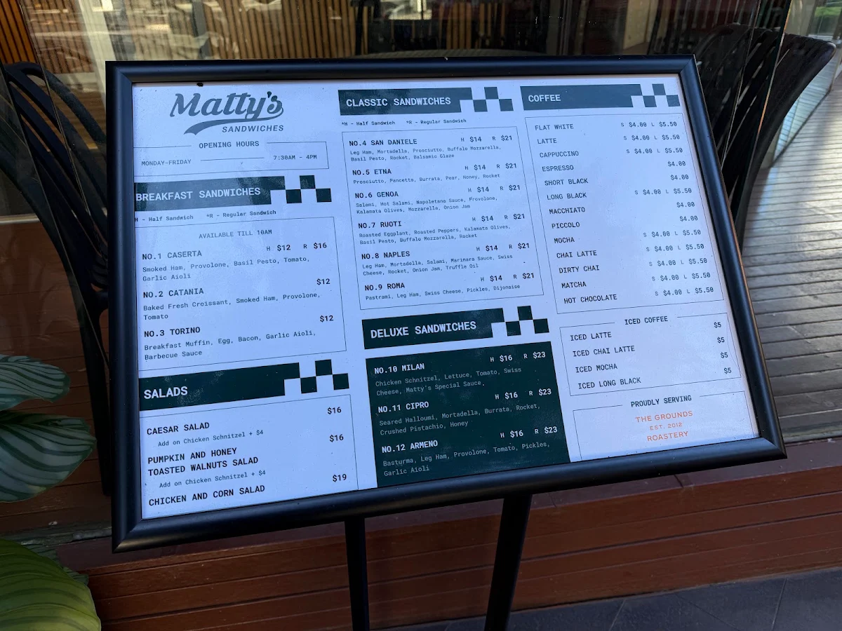 Menu, Matty's Sandwiches