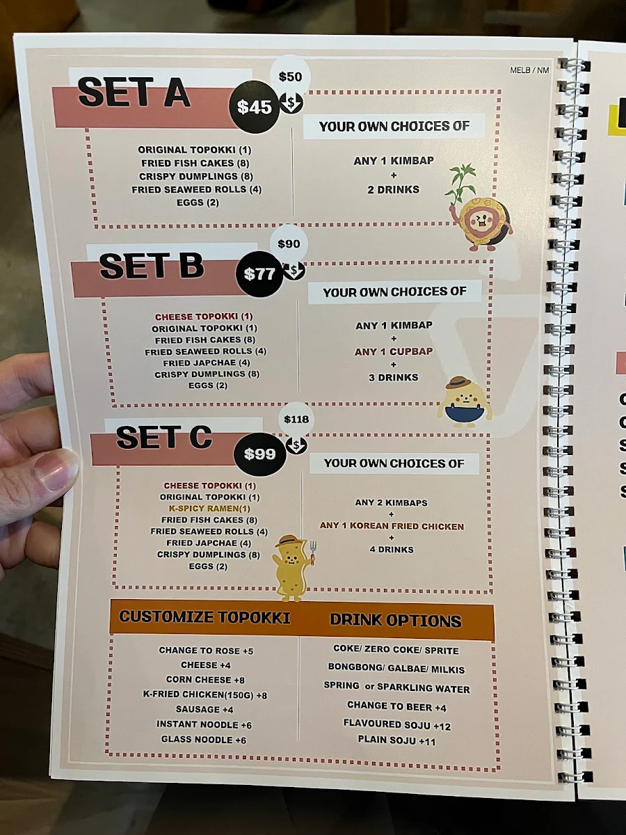 Menu, SinJeon K-Street Food (North Melbourne)