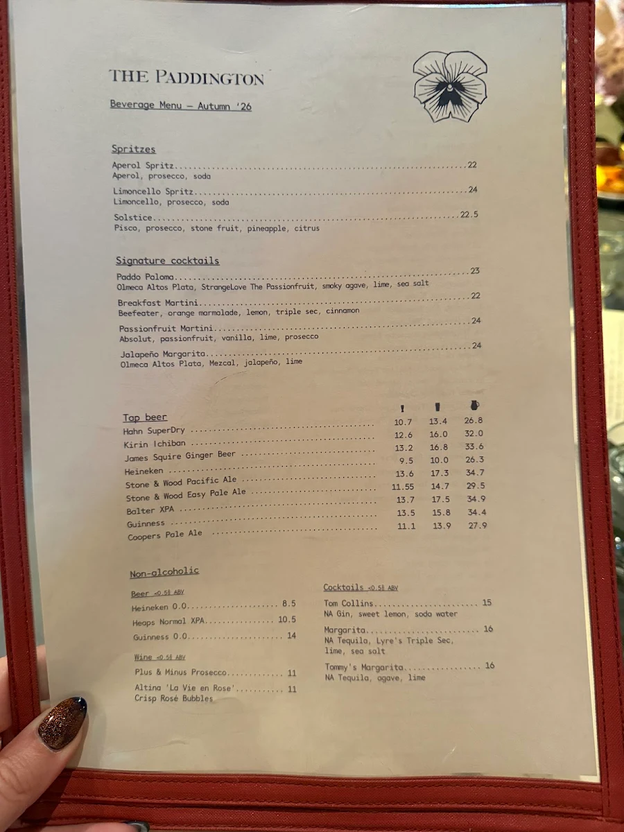 Menu, The Paddington