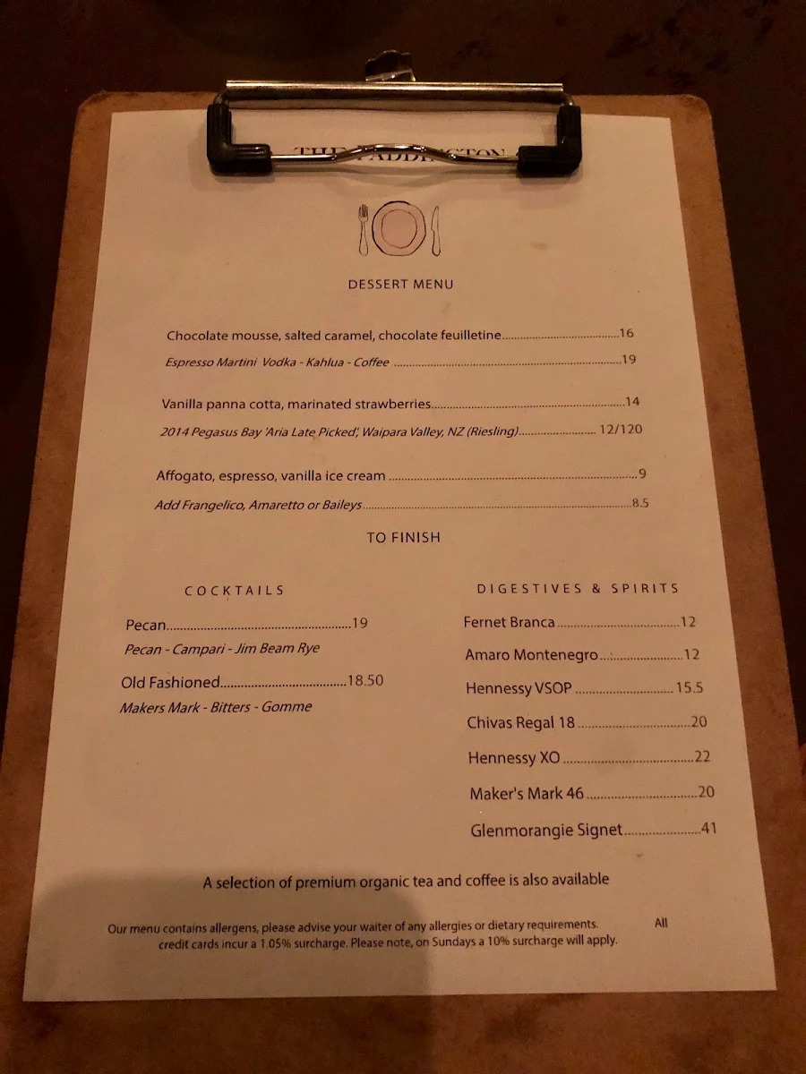 Menu, The Paddington