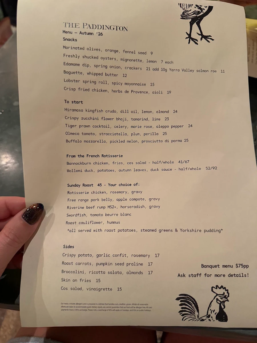 Menu, The Paddington