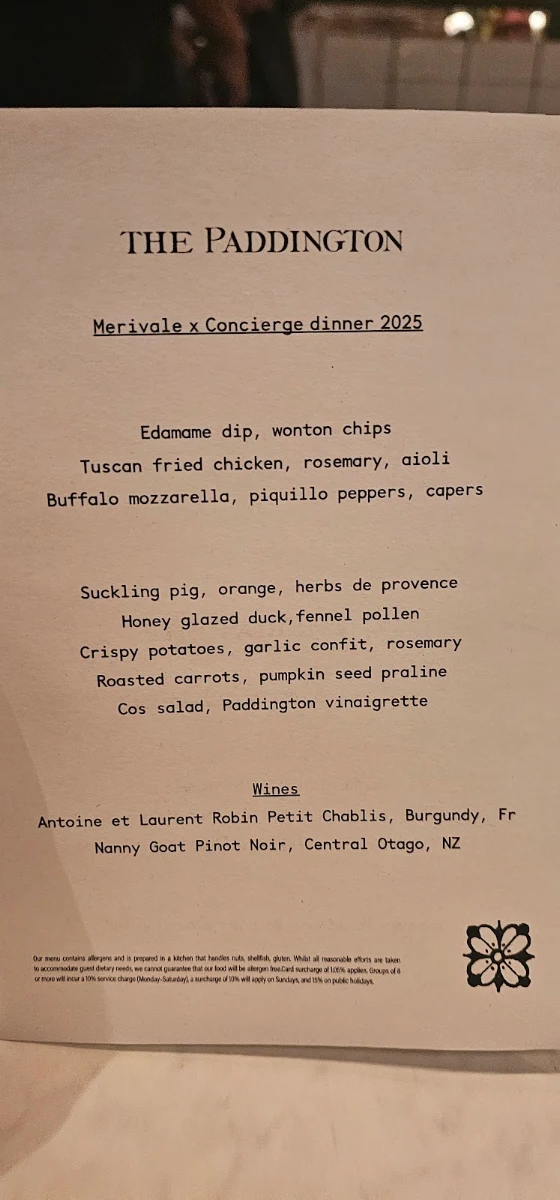 Menu, The Paddington