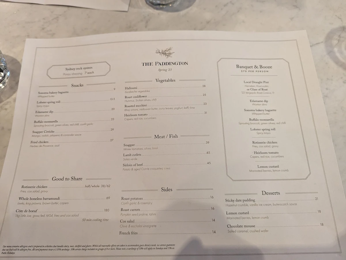 Menu, The Paddington