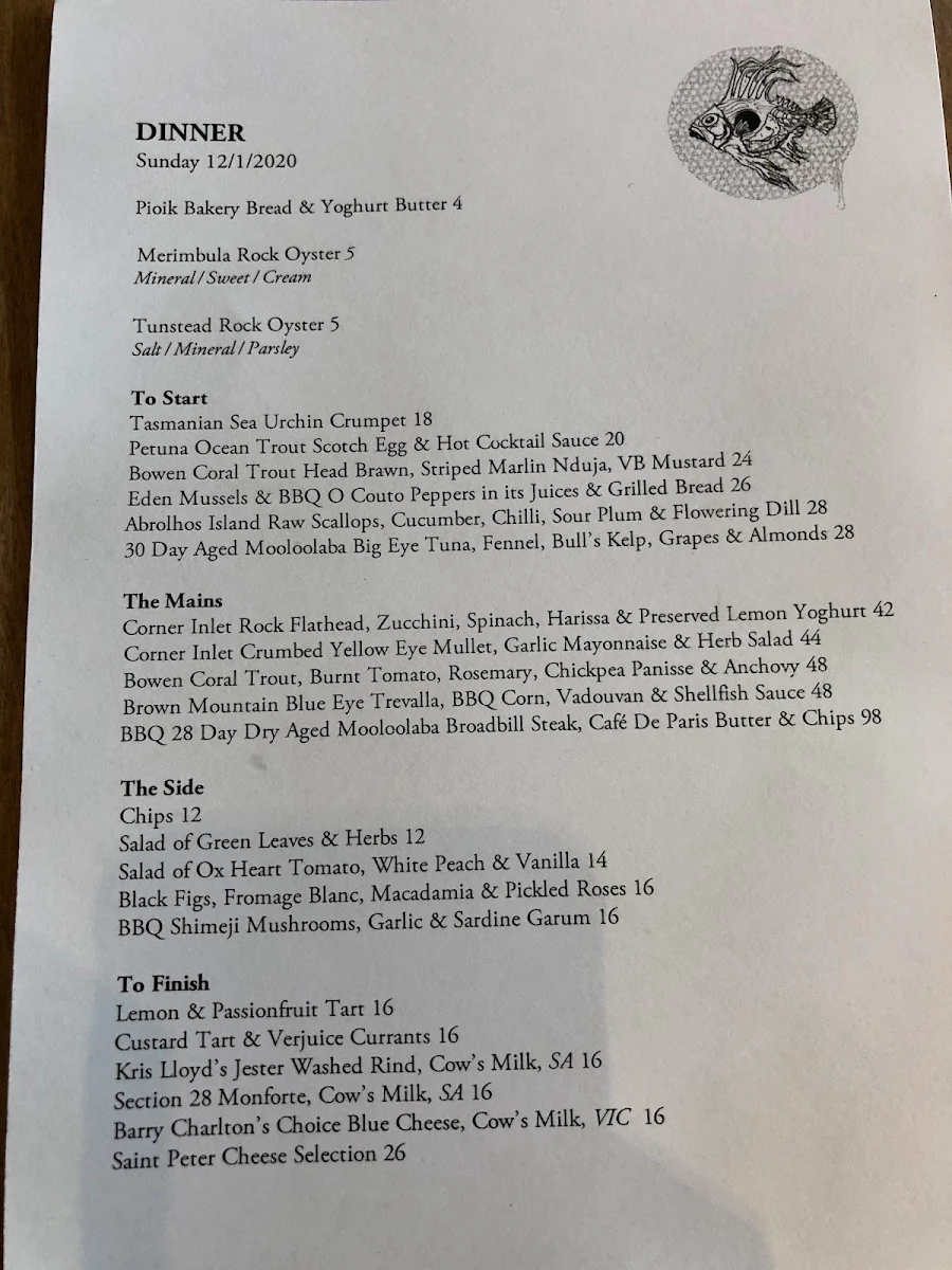 Menu, The Paddington