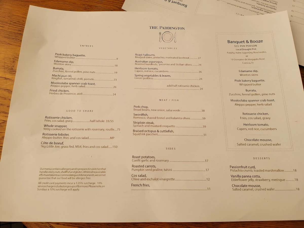 Menu, The Paddington