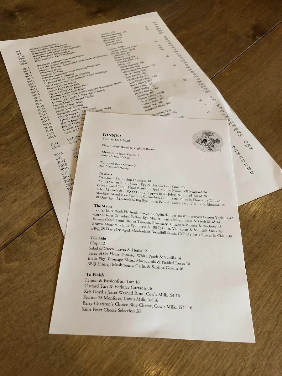 Menu, The Paddington