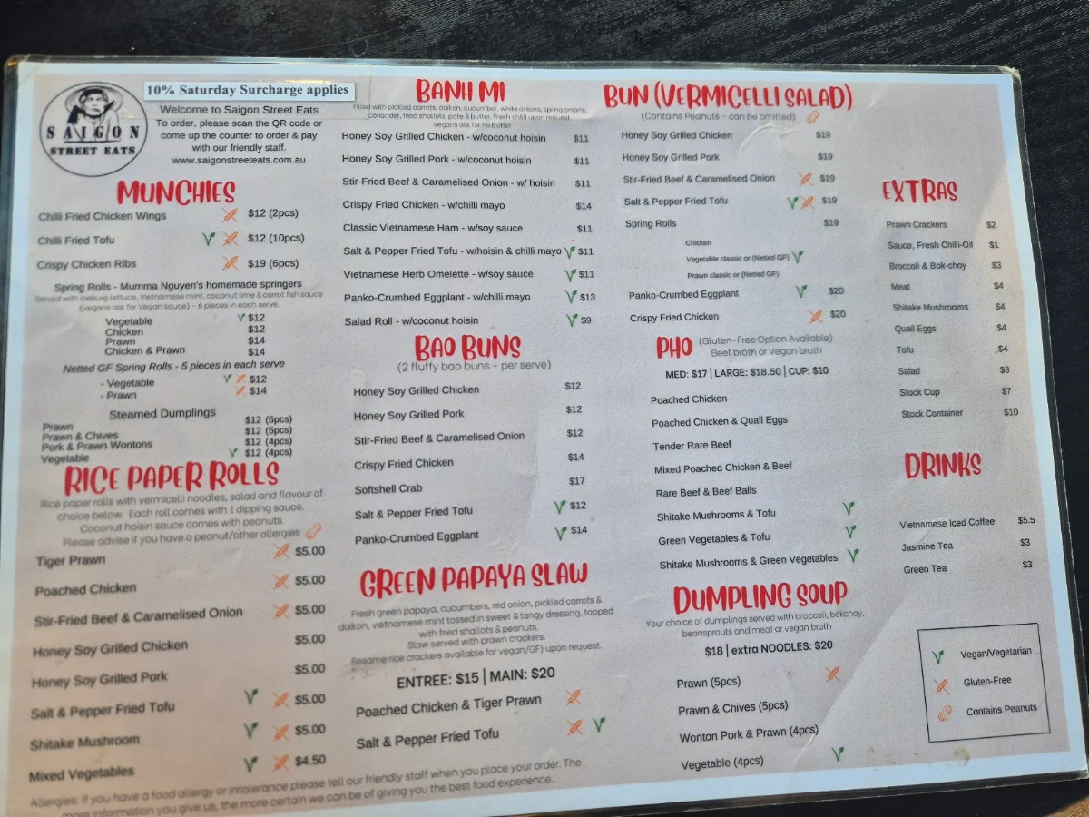 Menu, Saigon Street Eats - St Kilda