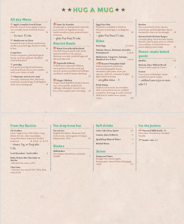 Menu, Hug a Mug Cafe