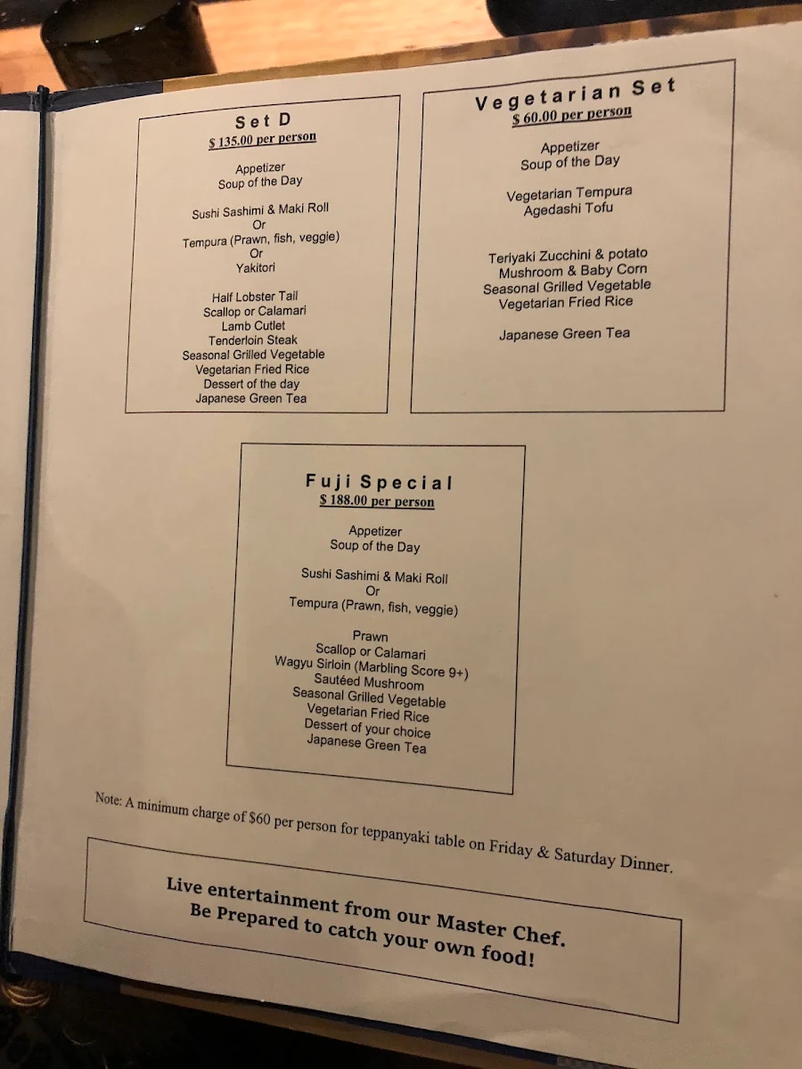 Menu, Fuji Teppanyaki