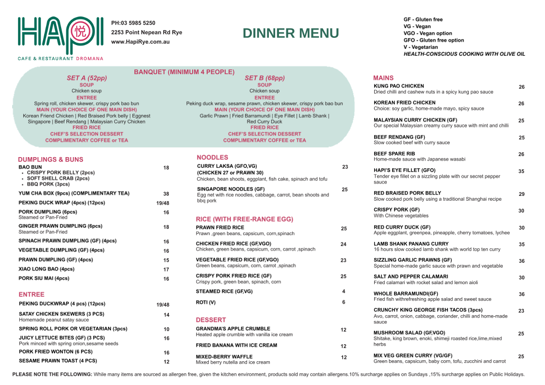 Menu, Hapi Cafe & Restaurant Rye