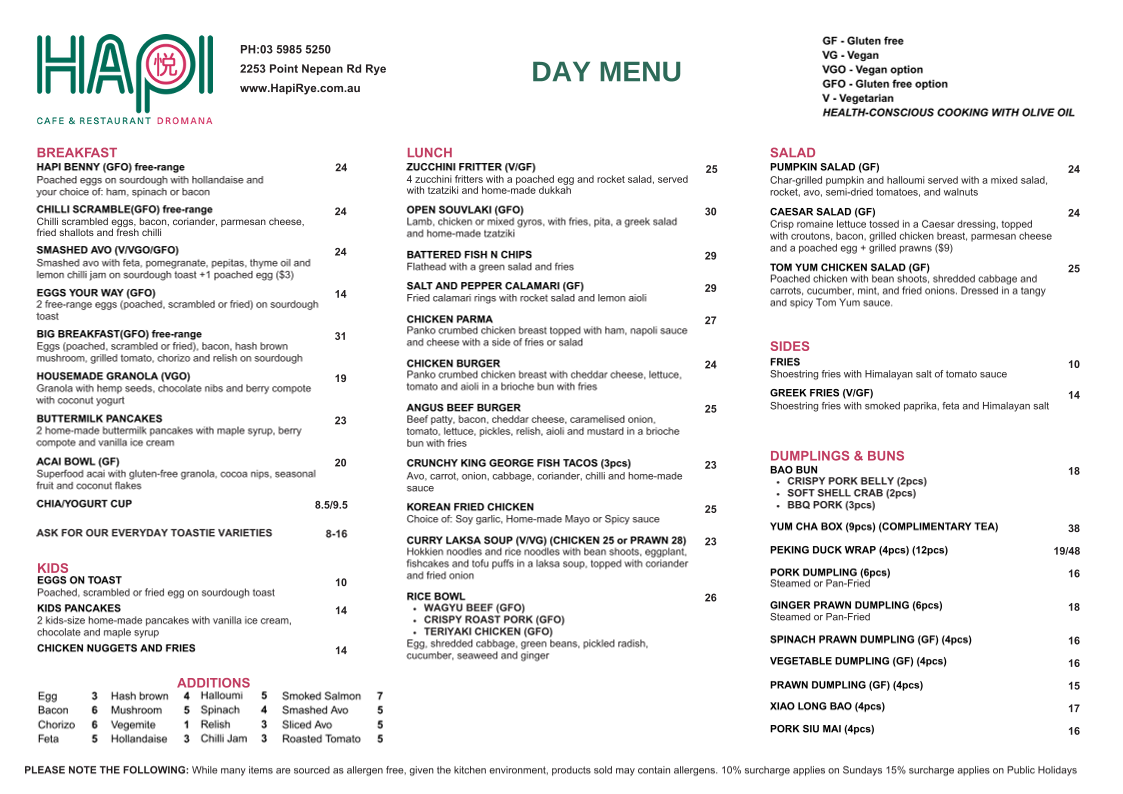 Menu, Hapi Cafe & Restaurant Rye