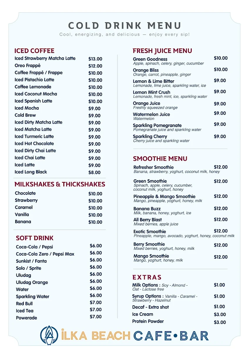 Menu, ILKA Beach Cafe & Bar