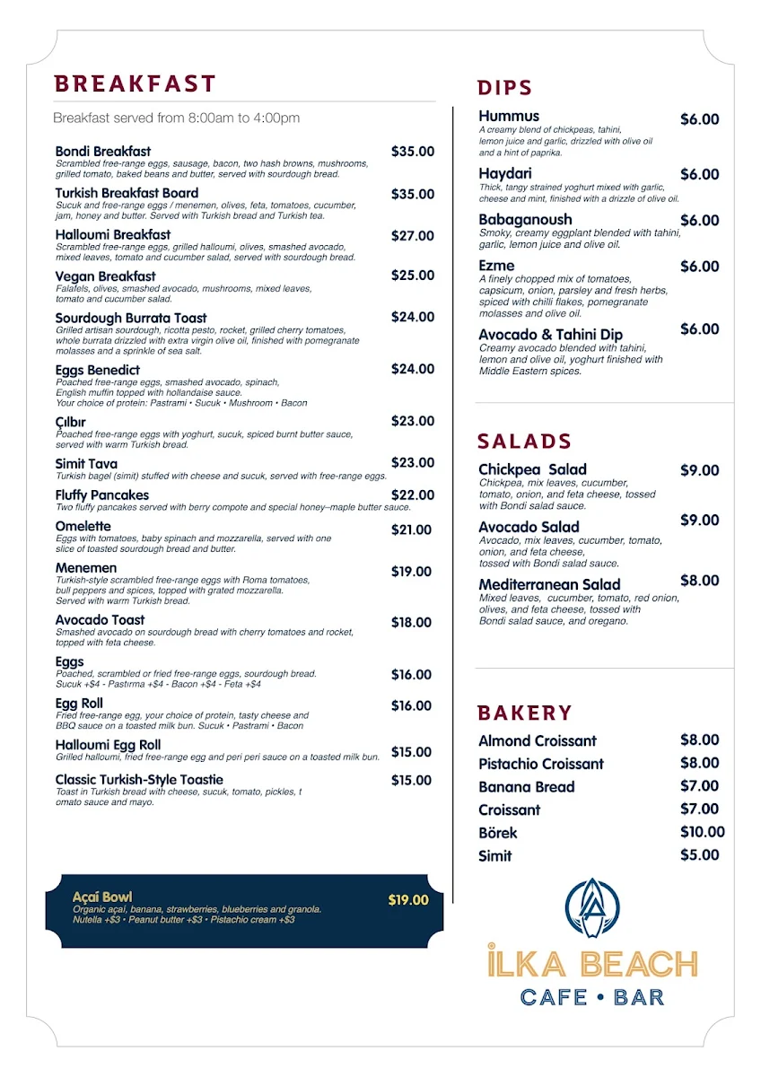 Menu, ILKA Beach Cafe & Bar