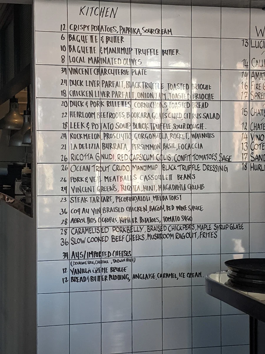 Menu, Vincent Wine