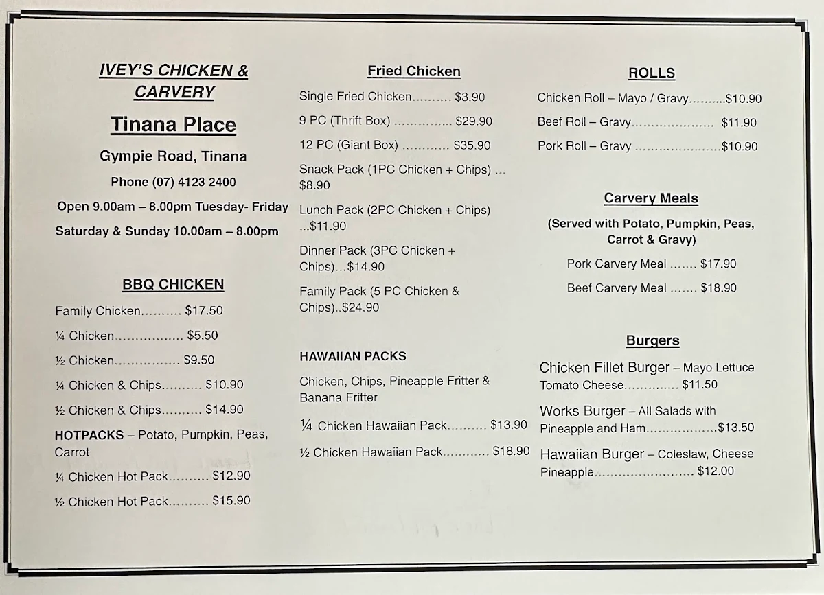 Menu, Ivey's Chicken & Carvery