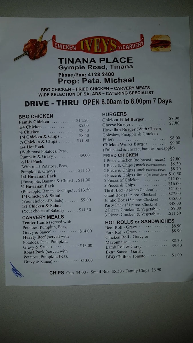 Menu, Ivey's Chicken & Carvery