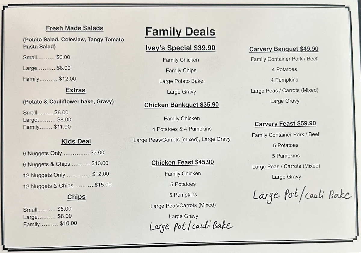 Menu, Ivey's Chicken & Carvery