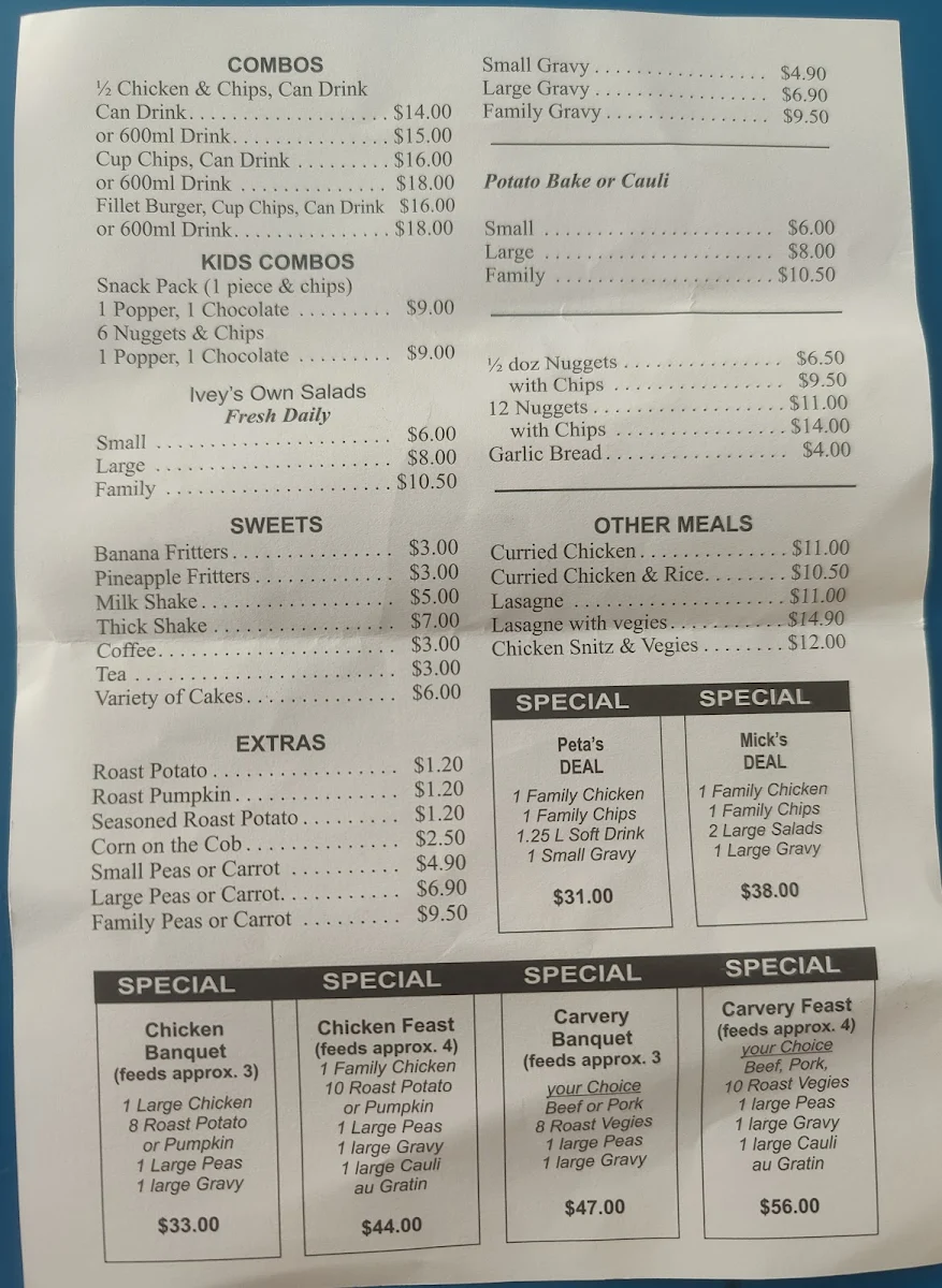 Menu, Ivey's Chicken & Carvery