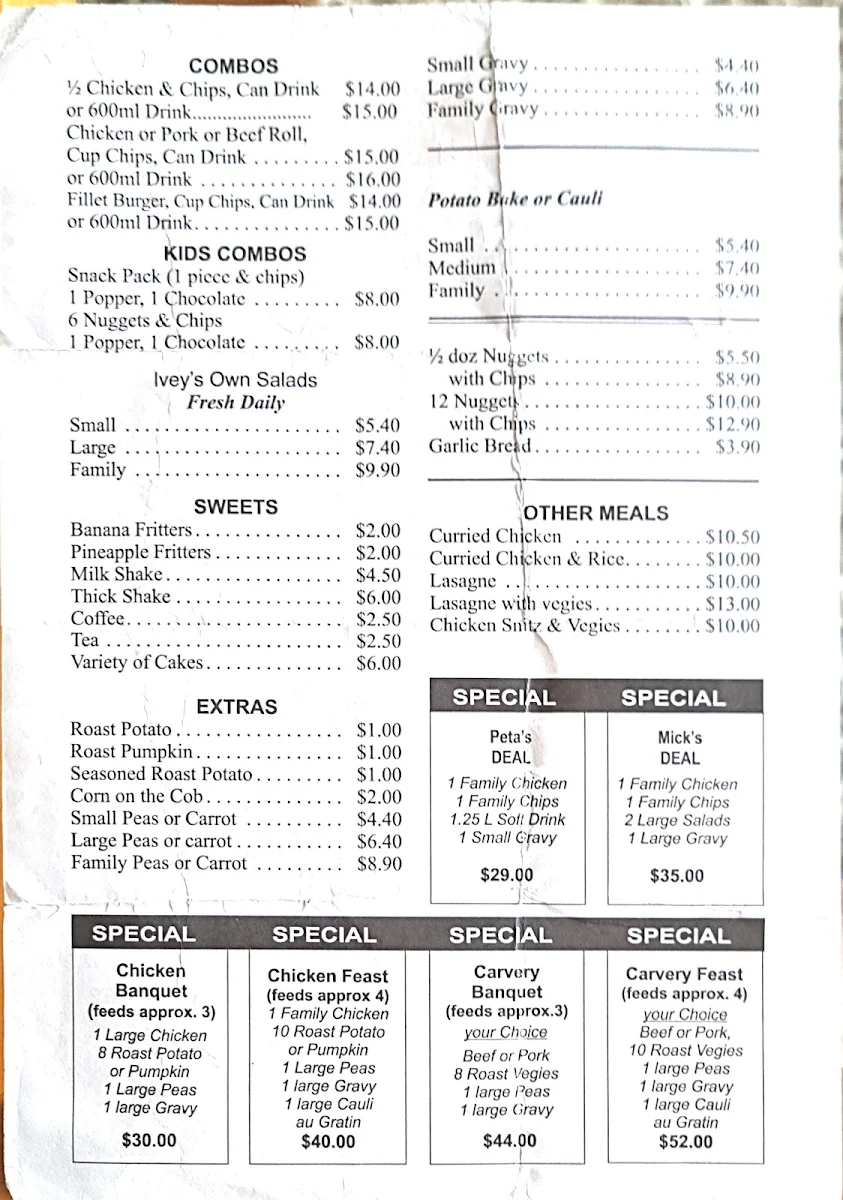 Menu, Ivey's Chicken & Carvery