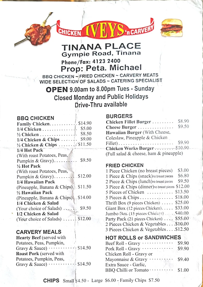 Menu, Ivey's Chicken & Carvery