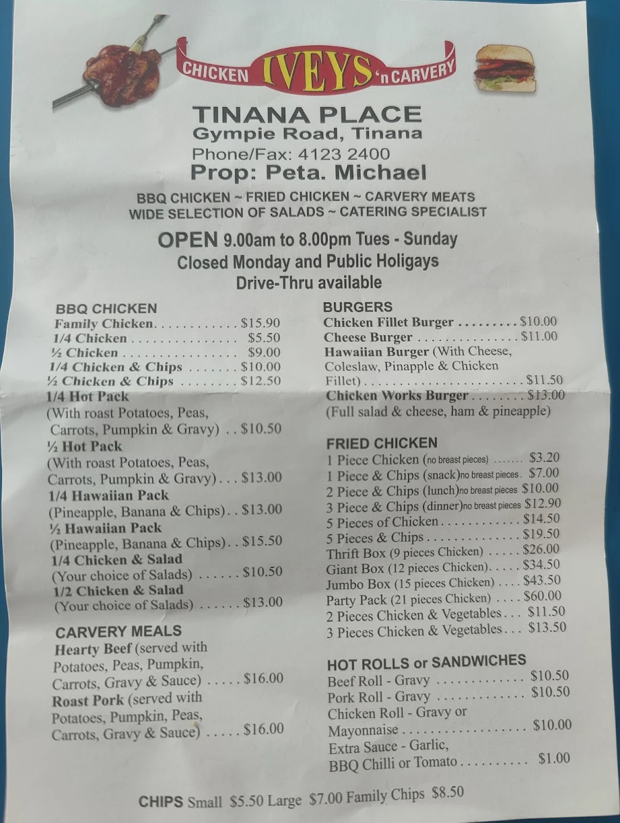 Menu, Ivey's Chicken & Carvery
