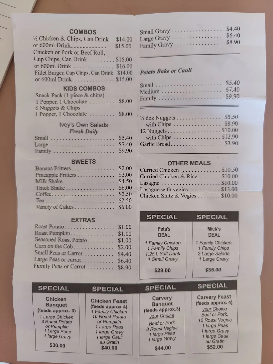 Menu, Ivey's Chicken & Carvery