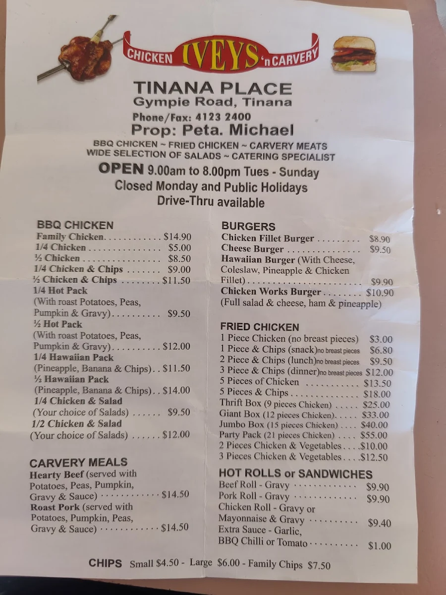 Menu, Ivey's Chicken & Carvery