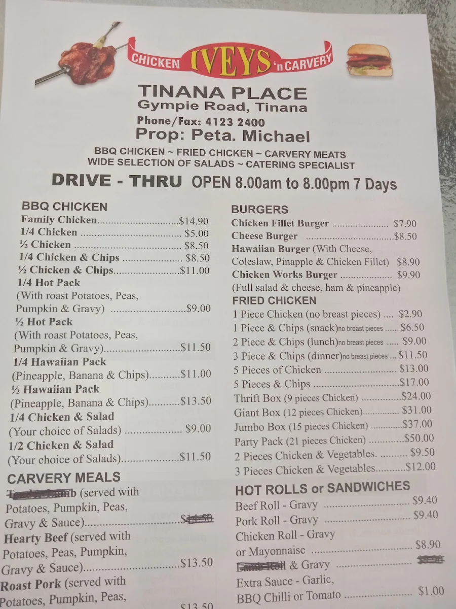 Menu, Ivey's Chicken & Carvery