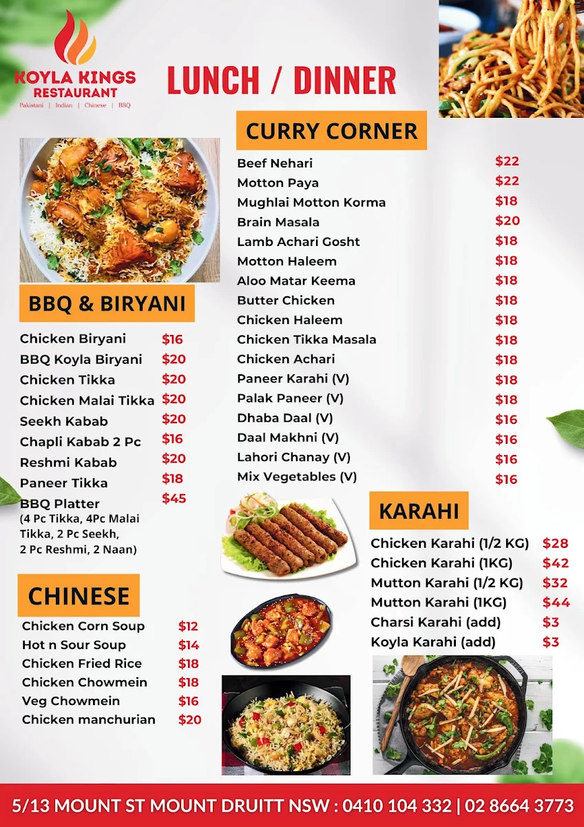 Menu, Koyla Kings Pakistani & Indian Restaurant