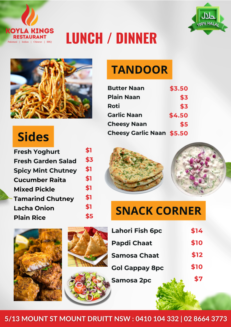 Menu, Koyla Kings Pakistani & Indian Restaurant