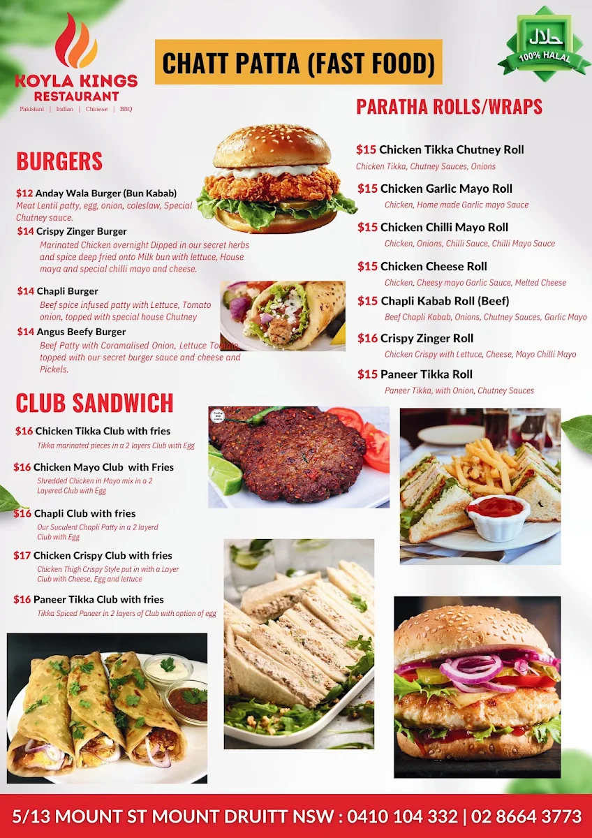 Menu, Koyla Kings Pakistani & Indian Restaurant