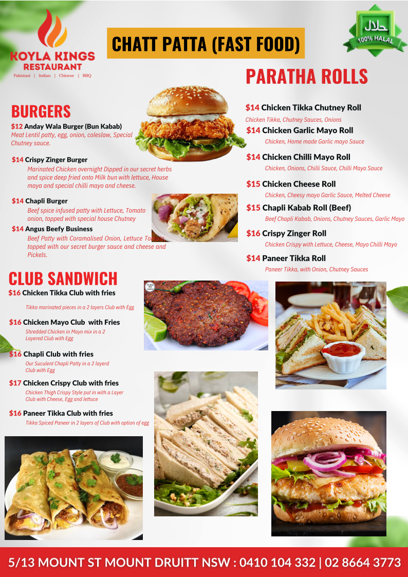 Menu, Koyla Kings Pakistani & Indian Restaurant