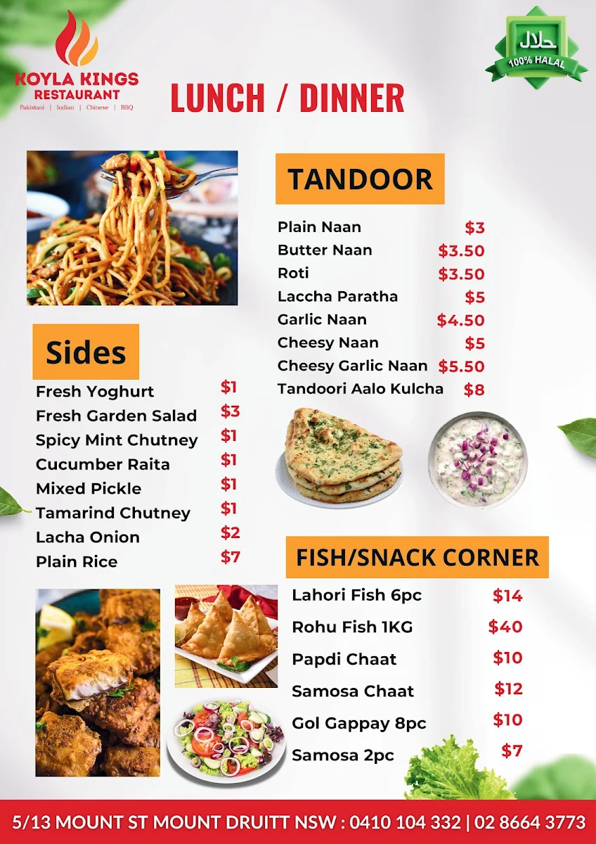 Menu, Koyla Kings Pakistani & Indian Restaurant