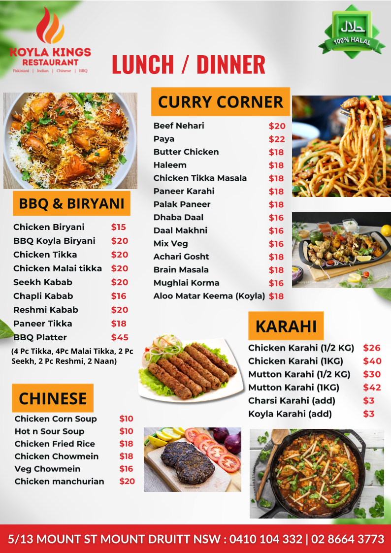 Menu, Koyla Kings Pakistani & Indian Restaurant