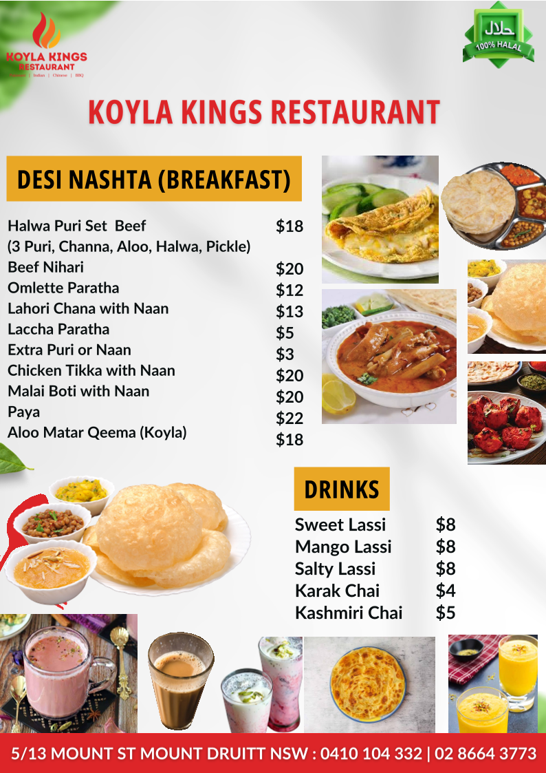 Menu, Koyla Kings Pakistani & Indian Restaurant