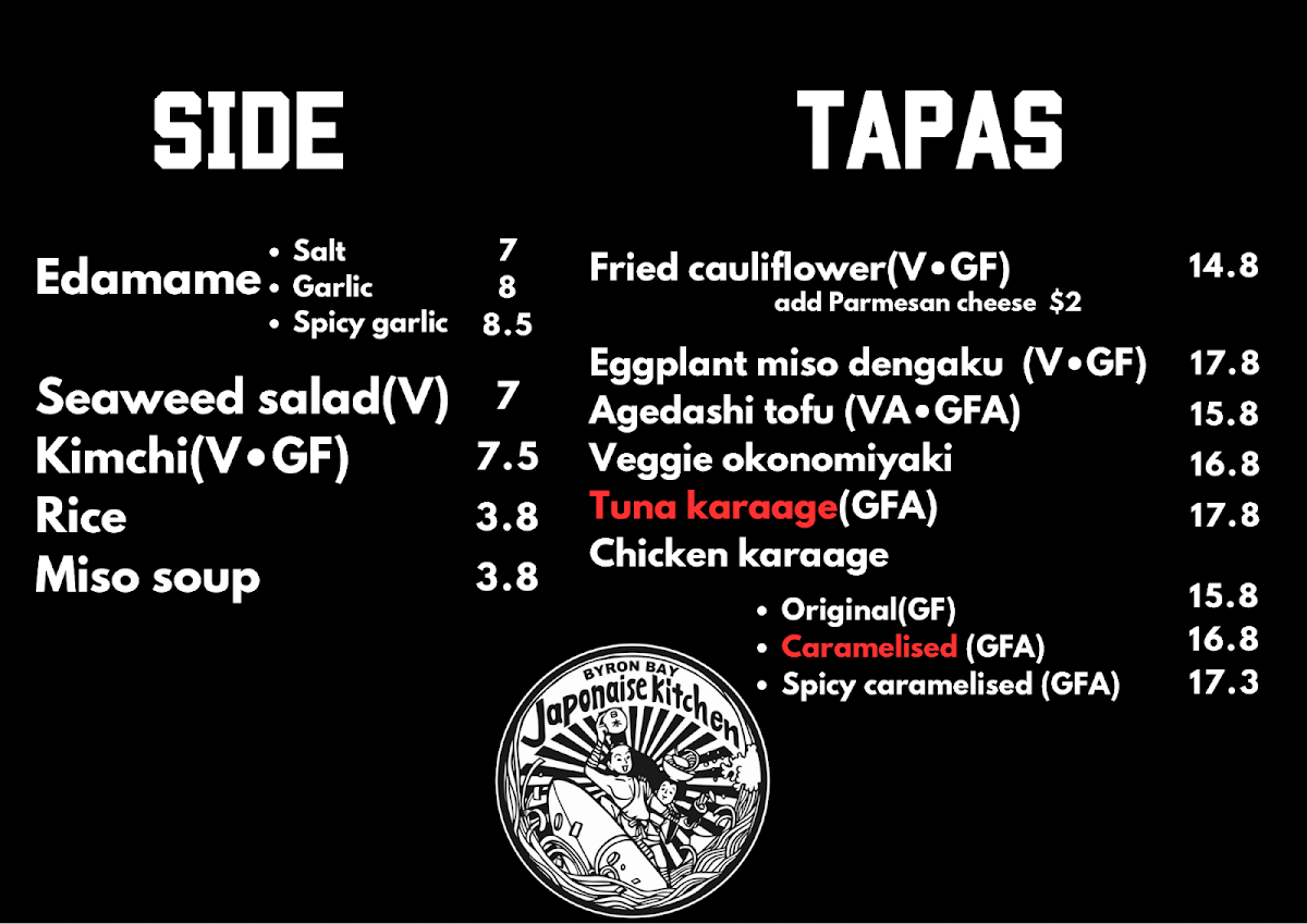 Menu, Japonaise Kitchen