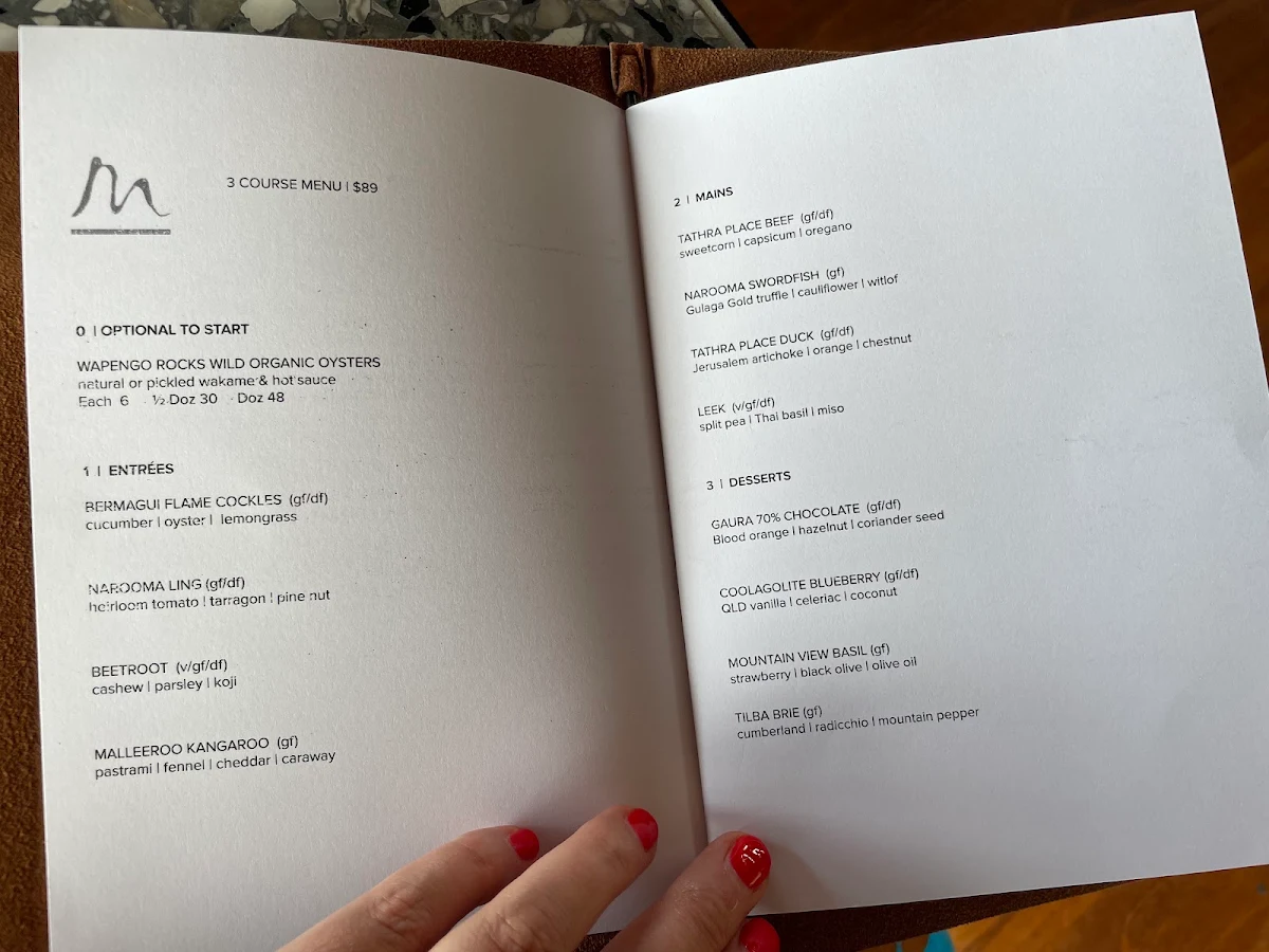 Menu, Mimosa Wines & Restaurant