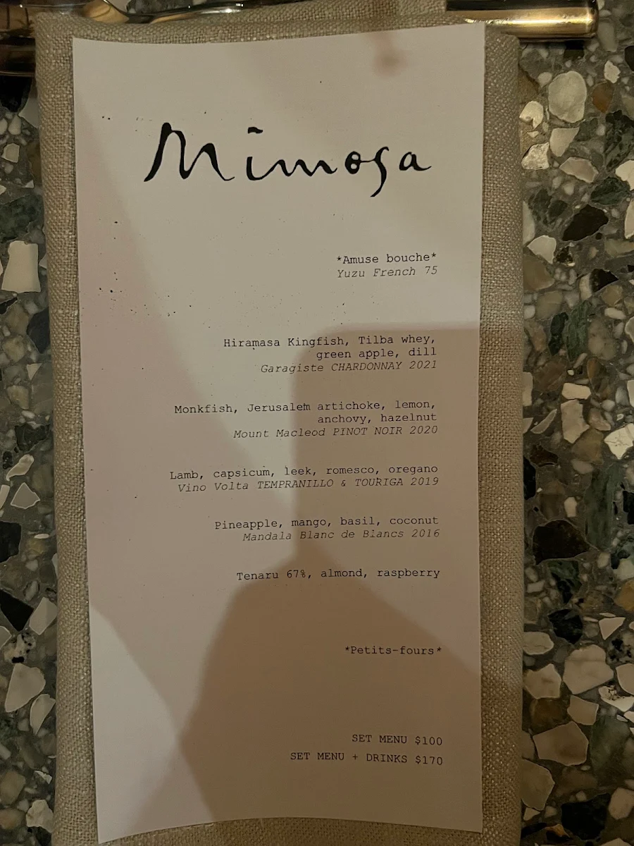 Menu, Mimosa Wines & Restaurant