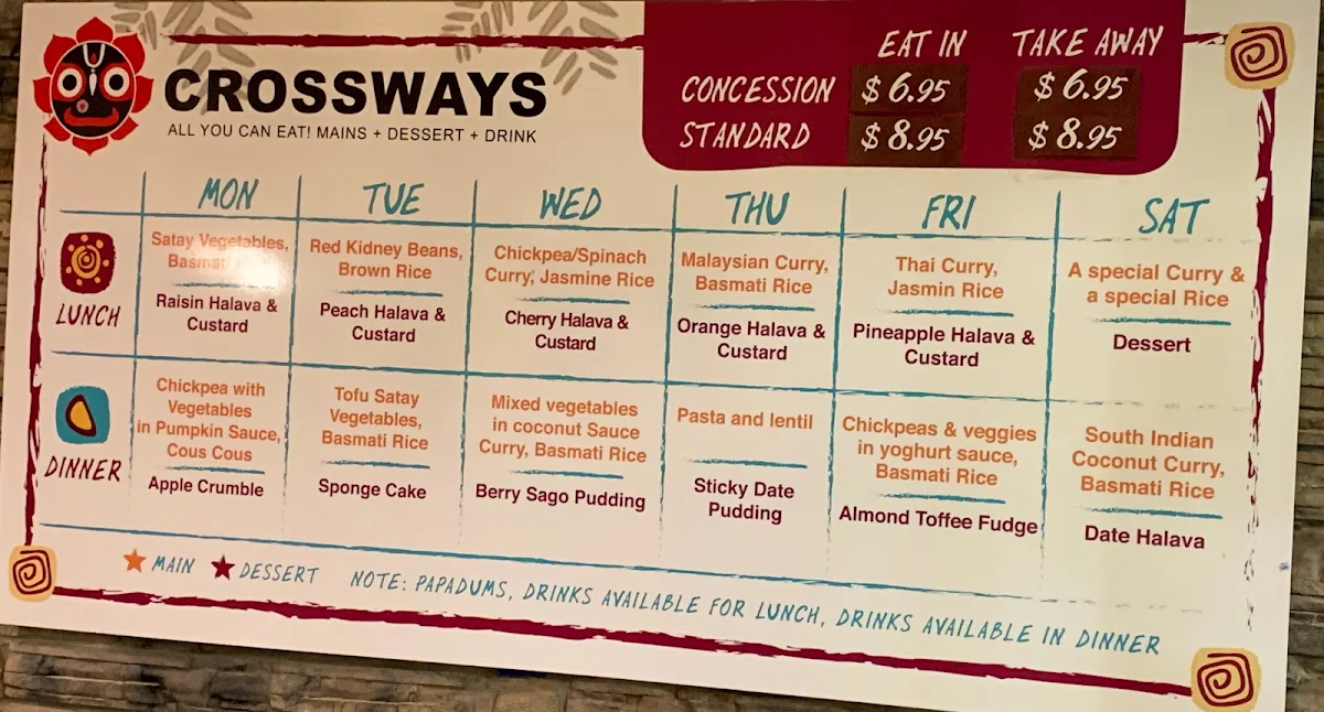 Menu, Crossways Vegetarian and Vegan Restaurant