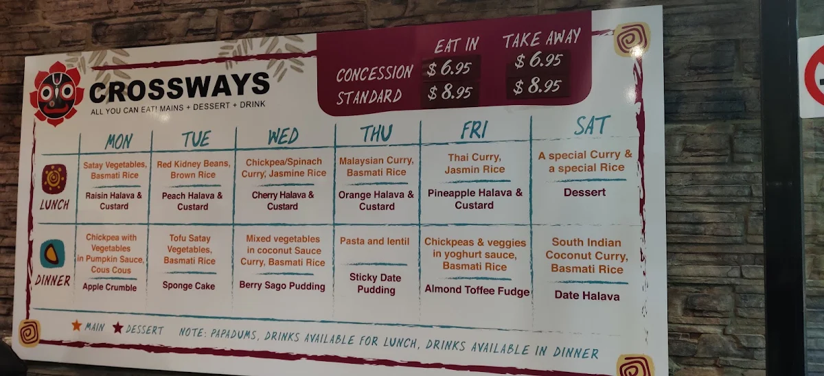 Menu, Crossways Vegetarian and Vegan Restaurant