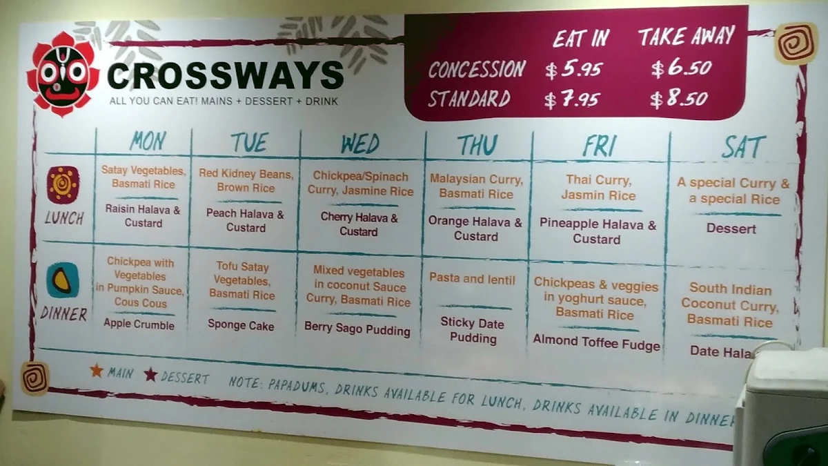 Menu, Crossways Vegetarian and Vegan Restaurant