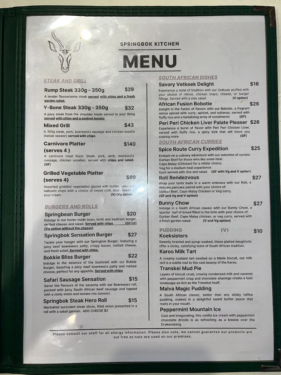 Menu, Springbok Kitchen