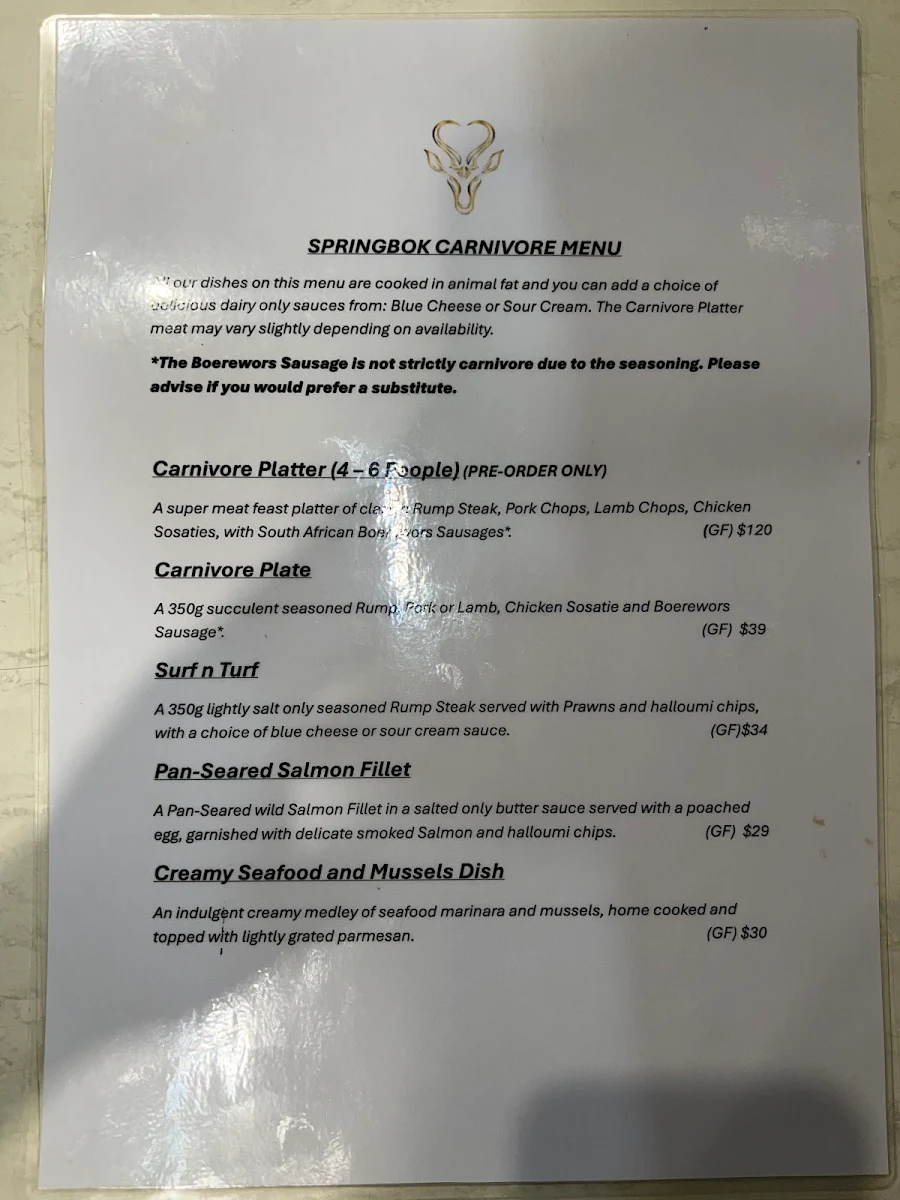 Menu, Springbok Kitchen
