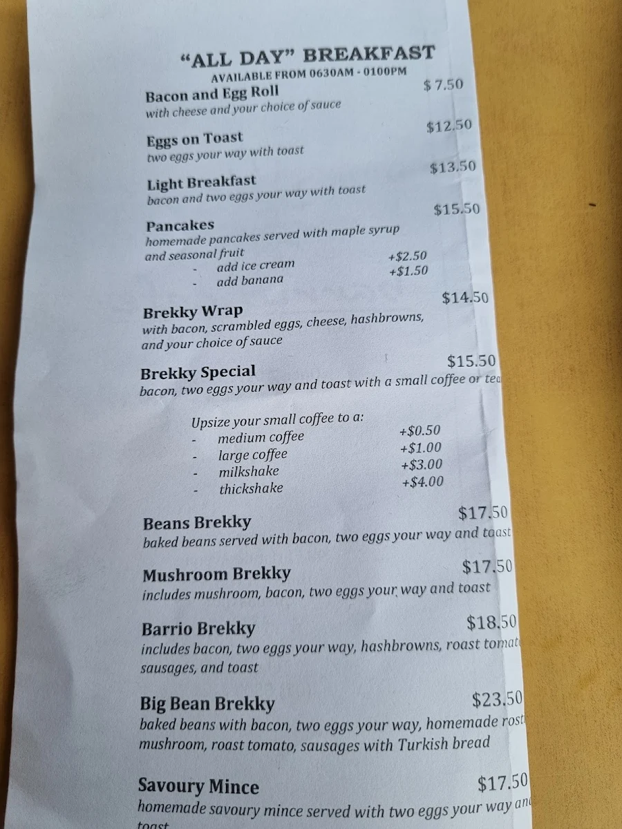 Menu, Barrio Cafe Neighborhood Espresso