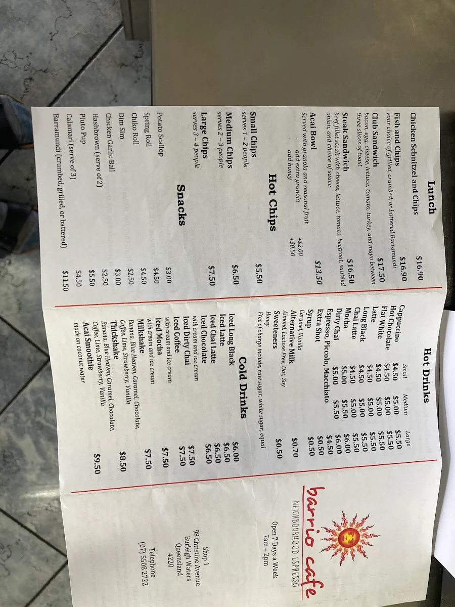 Menu, Barrio Cafe Neighborhood Espresso