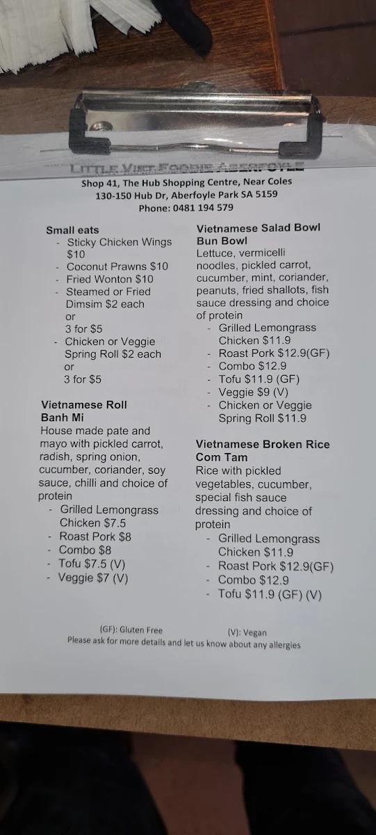 Menu, Little Viet Foodie Aberfoyle