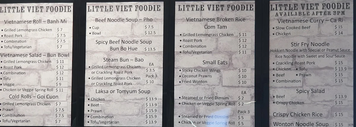 Menu, Little Viet Foodie Aberfoyle