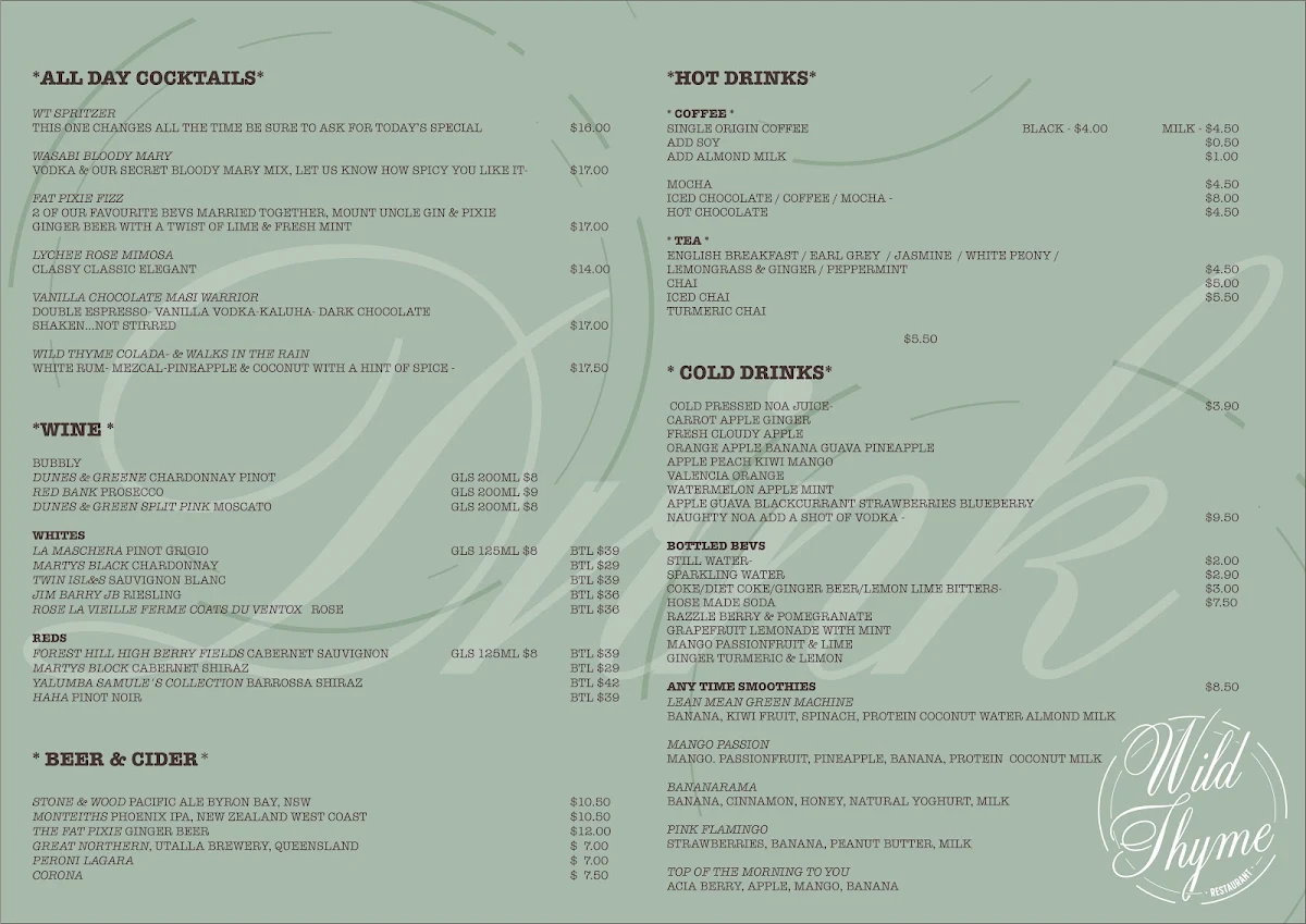 Menu, Wild Thyme